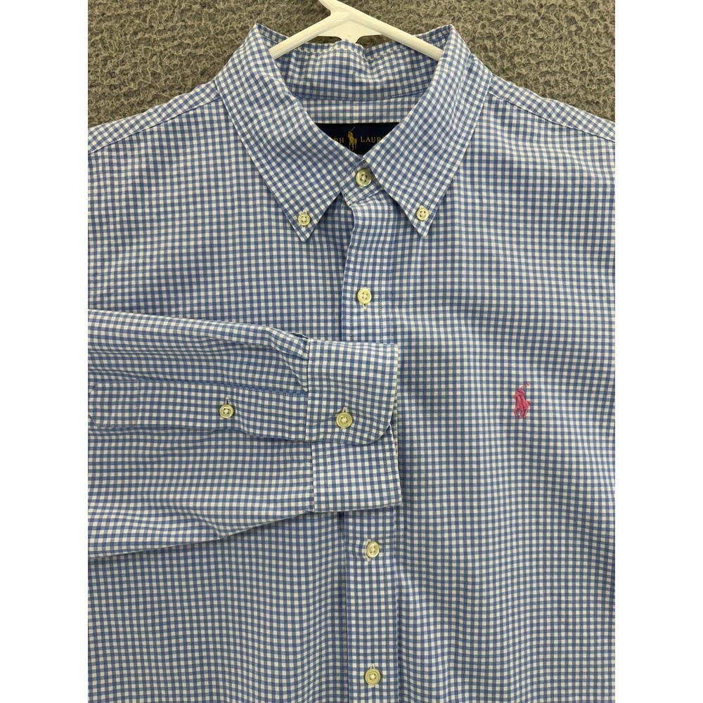 Ralph Lauren Mens XL Blue White Gingham Check Button Down Shirt Pink Pony Logo